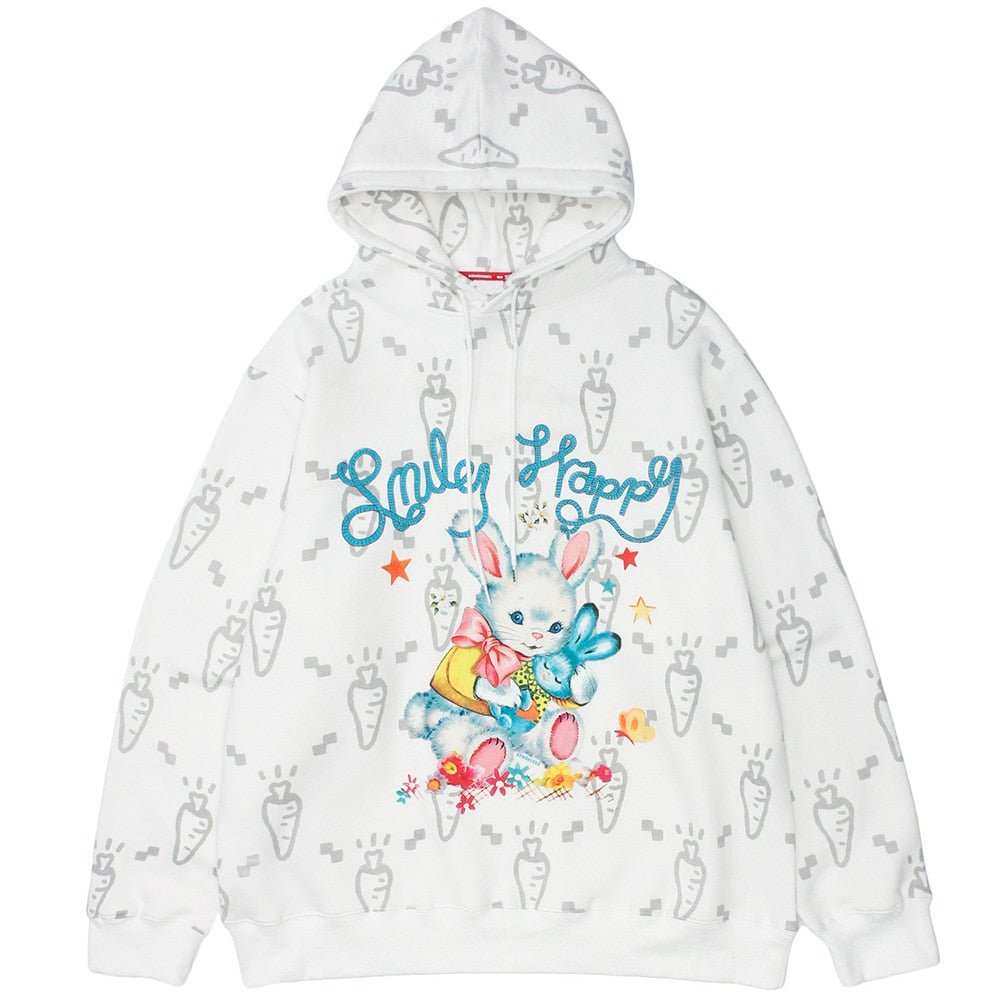 Cartoon Watercolor Rabbit Carrot Printed Hoodie Men Hooded Baggy Retro Fashion Hip Hop Style Pullover Autumn Streetwear