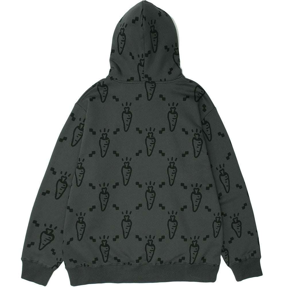 Cartoon Watercolor Rabbit Carrot Printed Hoodie Men Hooded Baggy Retro Fashion Hip Hop Style Pullover Autumn Streetwear
