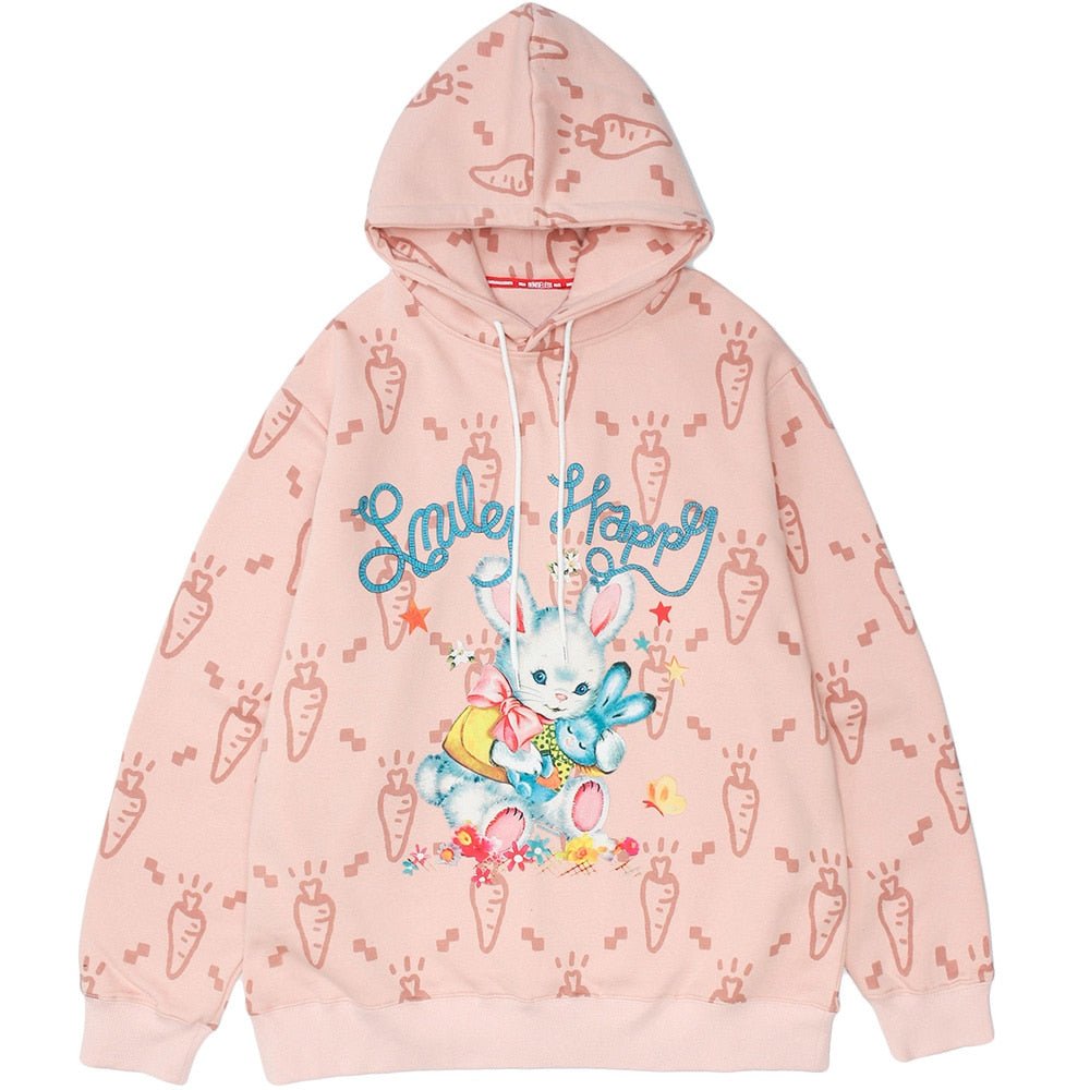 Cartoon Watercolor Rabbit Carrot Printed Hoodie Men Hooded Baggy Retro Fashion Hip Hop Style Pullover Autumn Streetwear