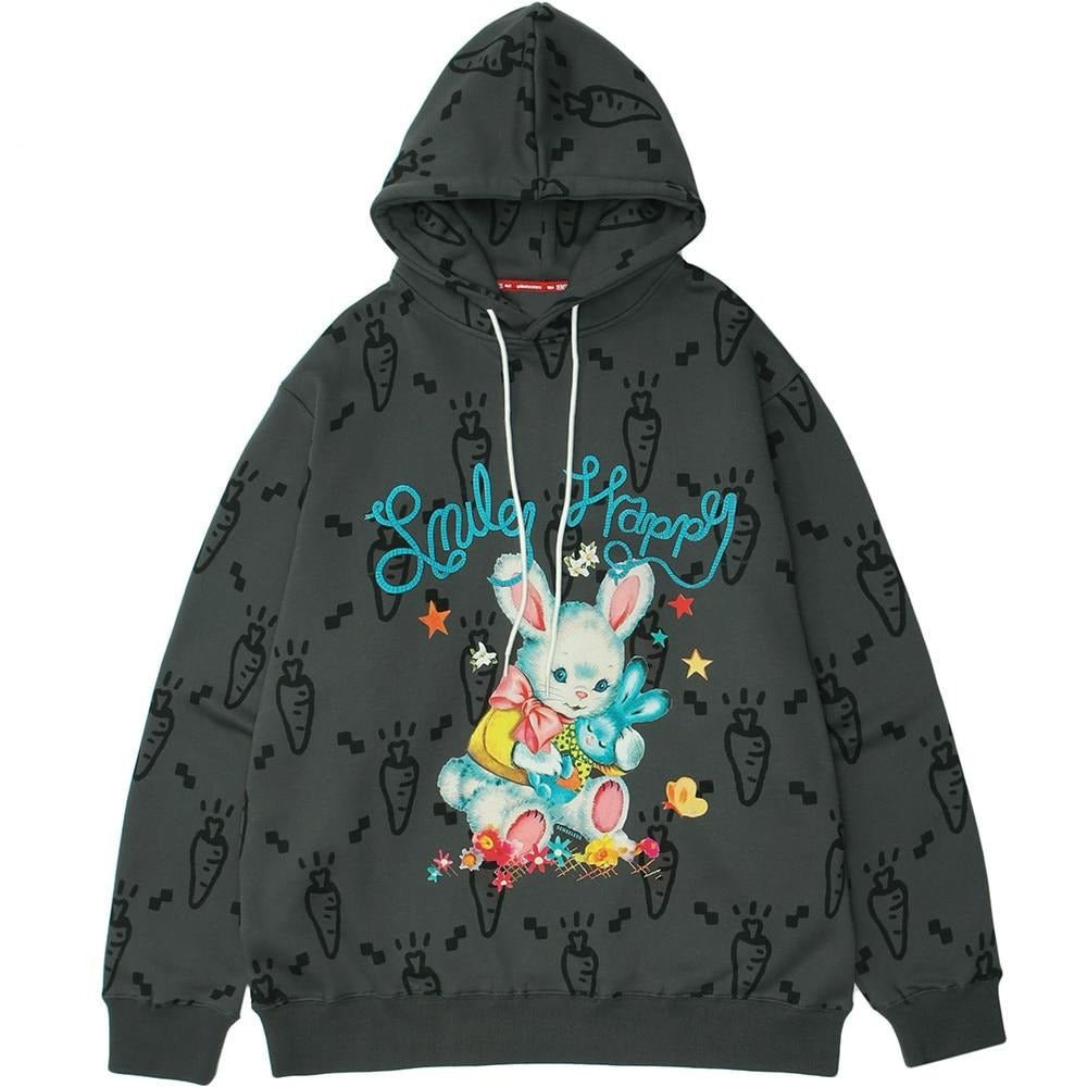 Cartoon Watercolor Rabbit Carrot Printed Hoodie Men Hooded Baggy Retro Fashion Hip Hop Style Pullover Autumn Streetwear