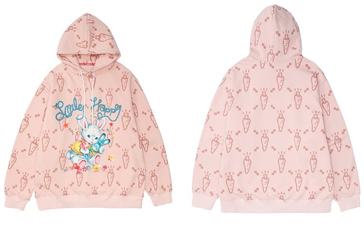 Cartoon Watercolor Rabbit Carrot Printed Hoodie Men Hooded Baggy Retro Fashion Hip Hop Style Pullover Autumn Streetwear