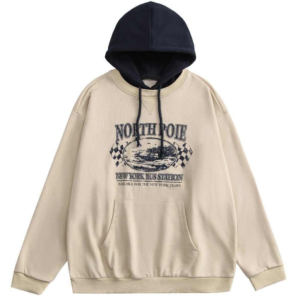 Hoodie Men Retro Letter Print Patchwork Color Hooded Pullover Couple Casual Fashion Harajuku Oversize Streetwear Autumn