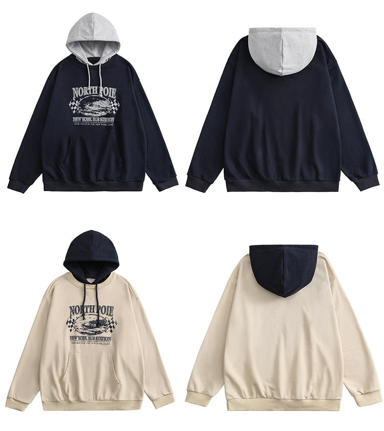 Hoodie Men Retro Letter Print Patchwork Color Hooded Pullover Couple Casual Fashion Harajuku Oversize Streetwear Autumn